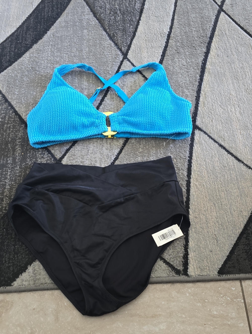 Blue Textured Bikini Top with Black High-Waist Bottom - Women's Swim